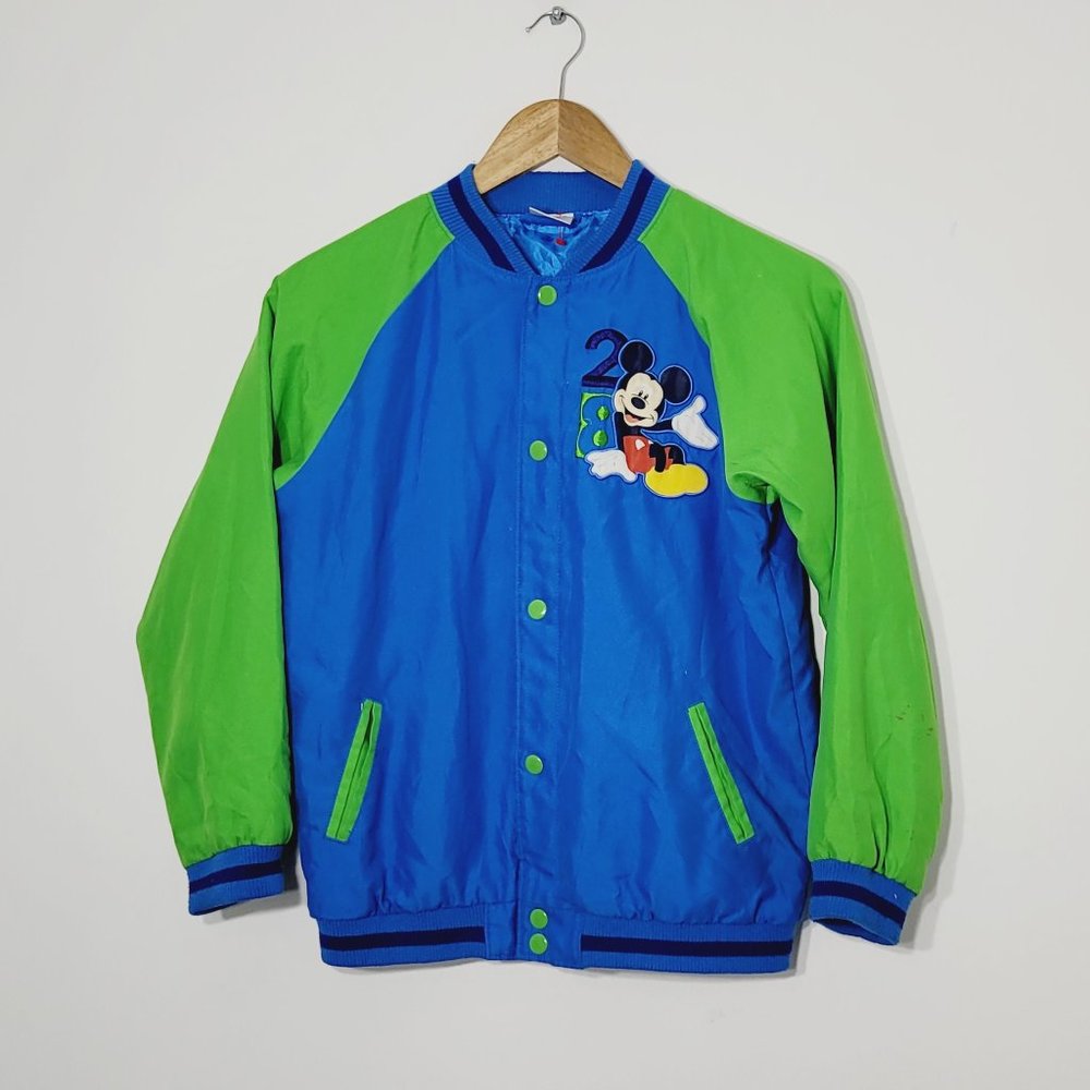 Disney Store Boys Mickey Mouse Varsity Jacket Bright Blue Green Snap Size 9/10
